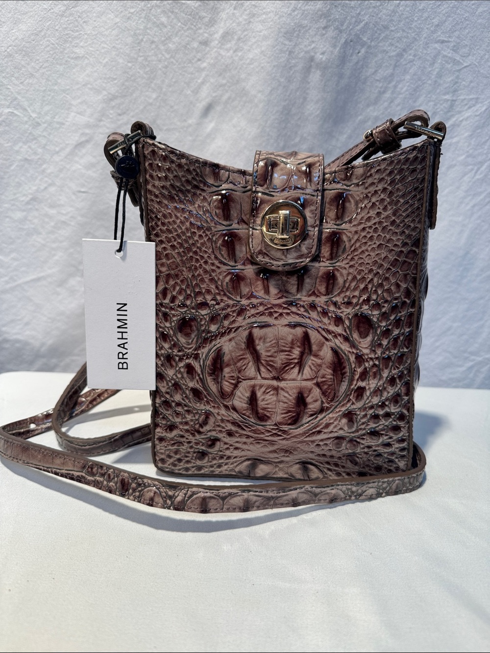 Brahmin Glossy Croc-Embossed Crossbody in Deep Brown